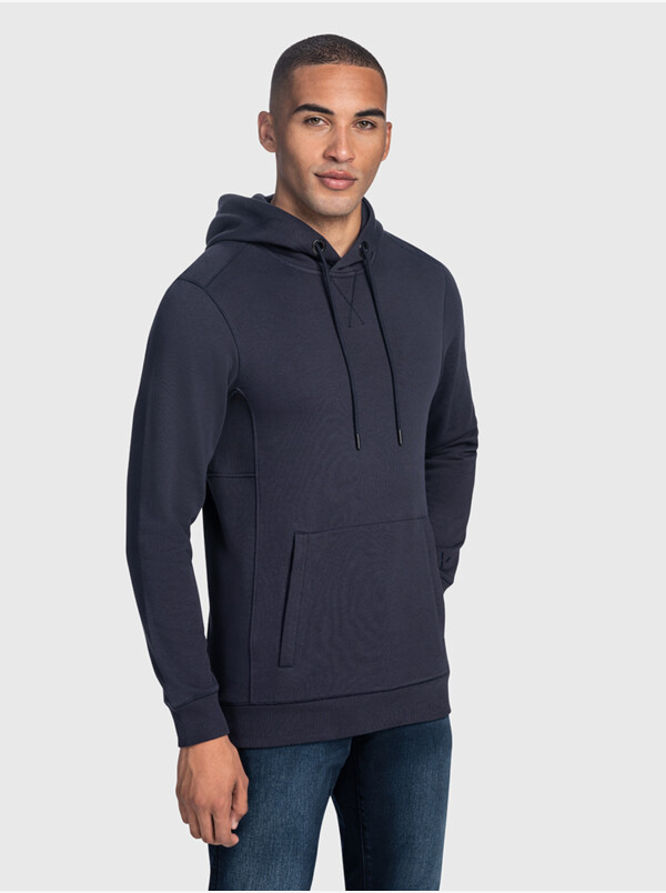 Girav Harvard lange navy donkerblauwe regular fit hoodie voor heren. Heeft een buikzak met twee roestvrijstalen YKK-ritsen aan de zijkanten.